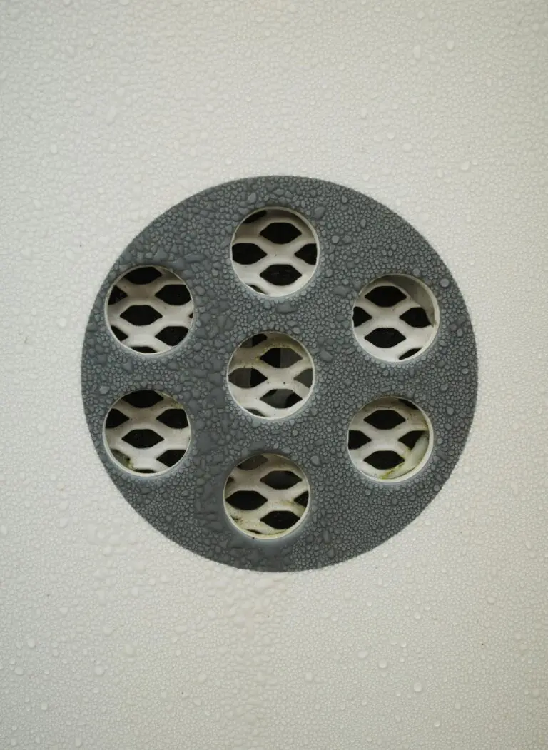 Detailed view of a wet metal drain cover with water droplets and textured surface.